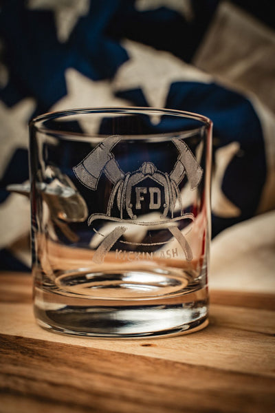 Engraved Whiskey Glass With Embedded Fire Axe