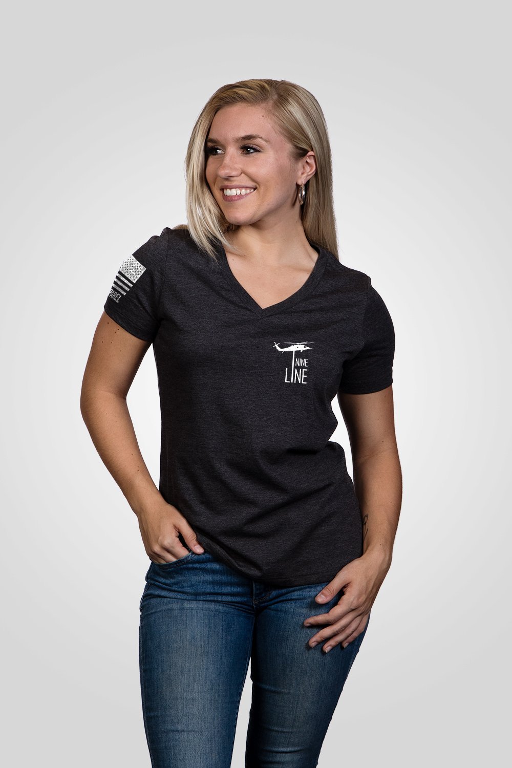 Women's Relaxed Fit V-Neck Shirt - American Flag Schematic - Nine Line Apparel